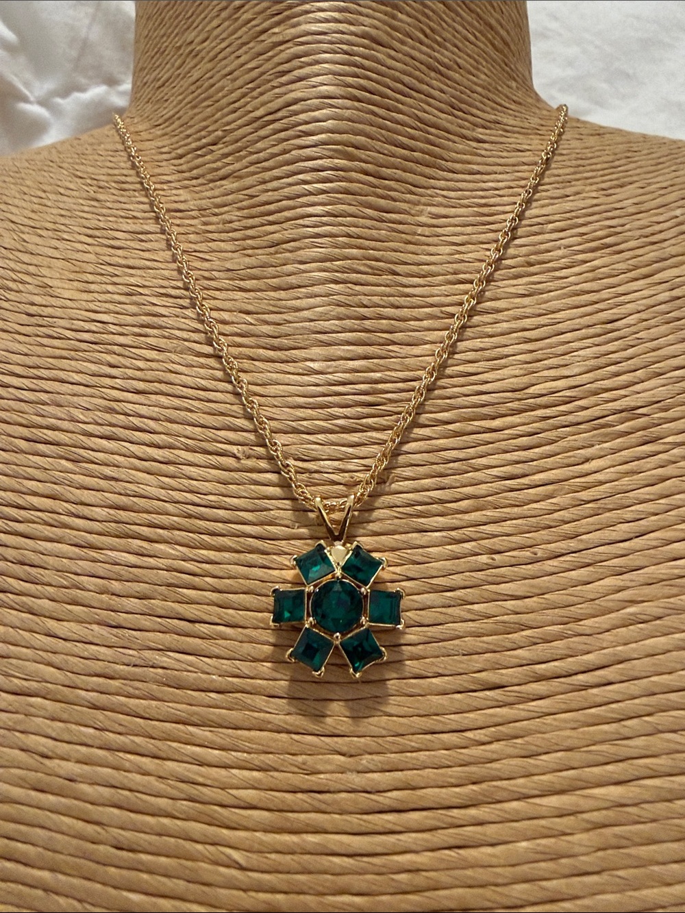 Vintage Monet Gold-Tone Necklace with Green Austrian Crystal Floral Pendant